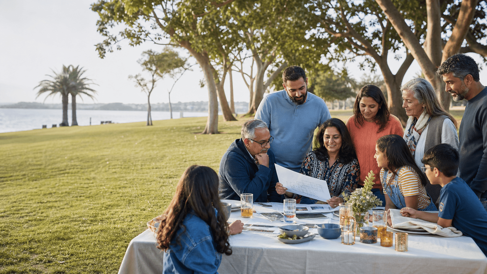 A multigenerational community planning an outdoor gathering