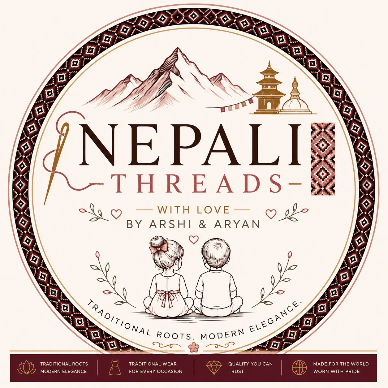 Nepali Threads brand artwork with Himalayan peaks, Nepali textile patterns, and the words With love, by Arshi and Aryan